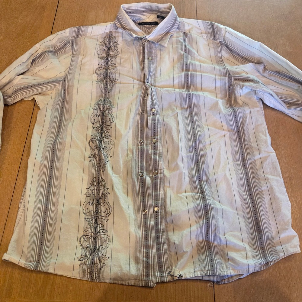Kenneth Cole New York Mens Medium Striped Pearl‎ Snap Shirt Graphic Y2K White